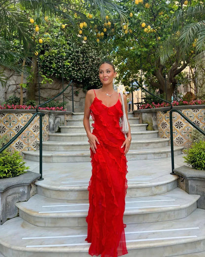 Ruffle Maxi Dress with Spaghetti Straps for Women - Pamela