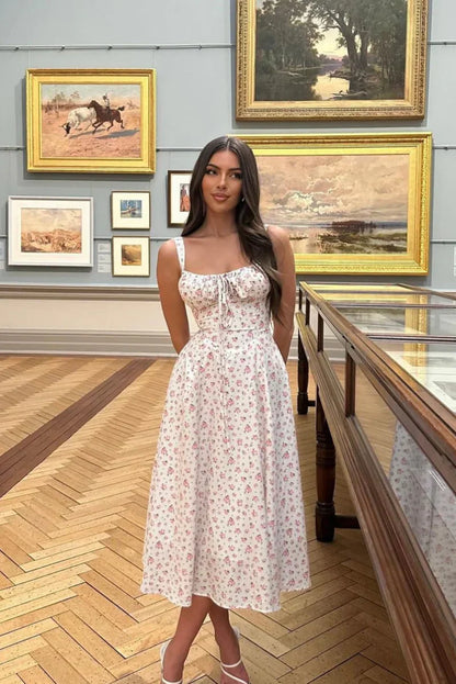 White Floral Print Midi Dress with Ruched Bust for Women - Laura