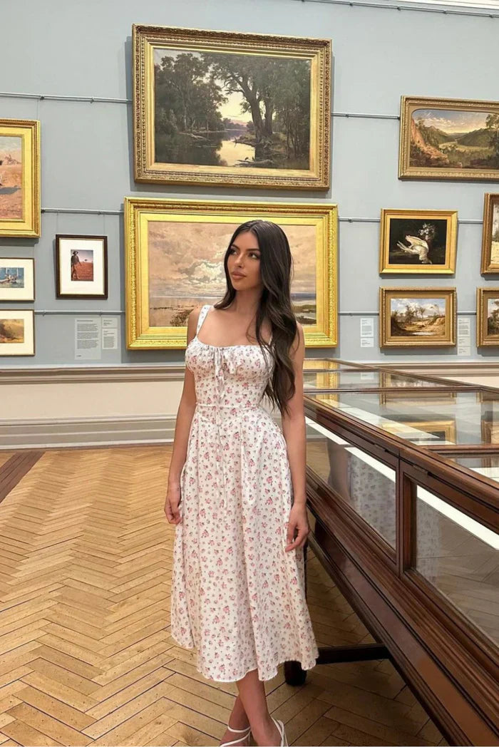 White Floral Print Midi Dress with Ruched Bust for Women - Laura