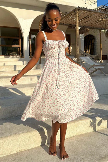 White Floral Print Midi Dress with Ruched Bust for Women - Laura