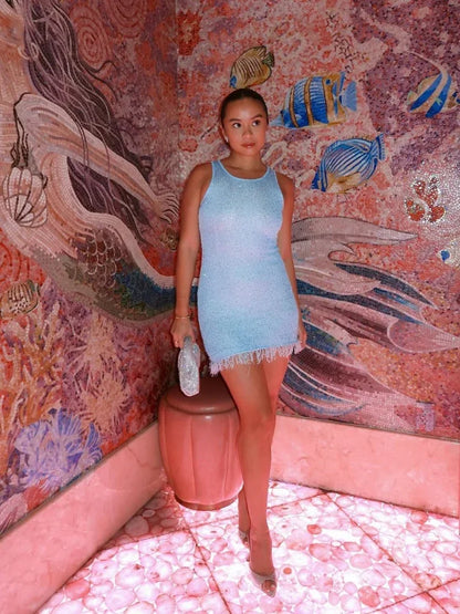 Knit Mini Dress with Fringe Detail for Women - Sara