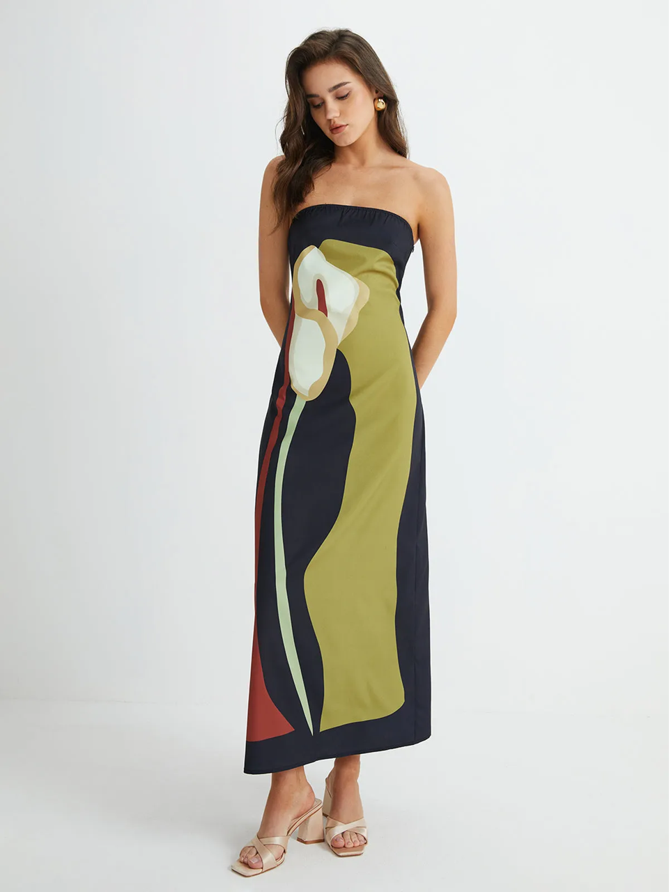 Navy Floral Print Strapless Maxi Dress for Women - Silvia