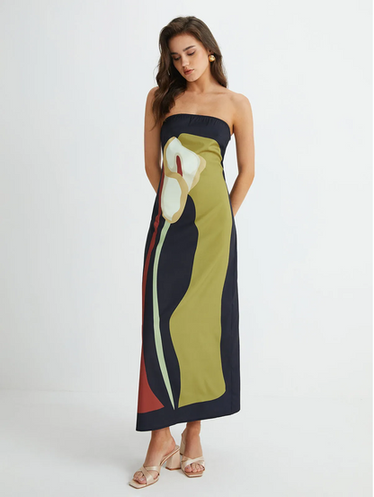 Navy Floral Print Strapless Maxi Dress for Women - Silvia
