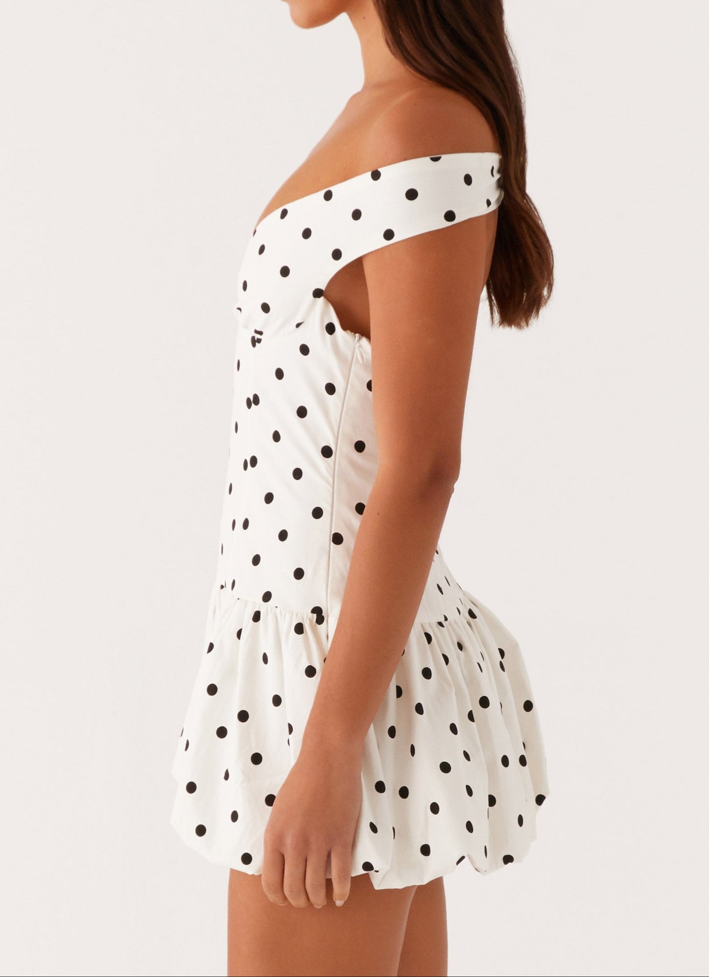 Analia Off Shoulder Mini Dress - White Polka Dot