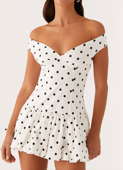 Analia Off Shoulder Mini Dress - White Polka Dot