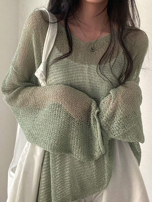 Green Vintage Oversized Long Sleeve Crochet Knit Top