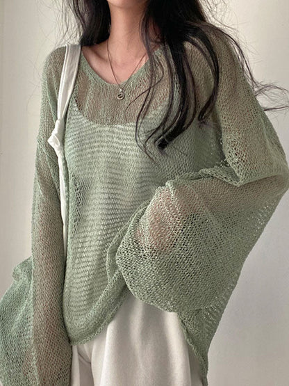 Green Vintage Oversized Long Sleeve Crochet Knit Top