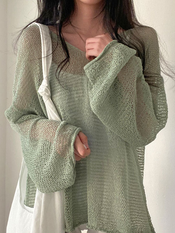 Green Vintage Oversized Long Sleeve Crochet Knit Top