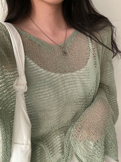 Green Vintage Oversized Long Sleeve Crochet Knit Top