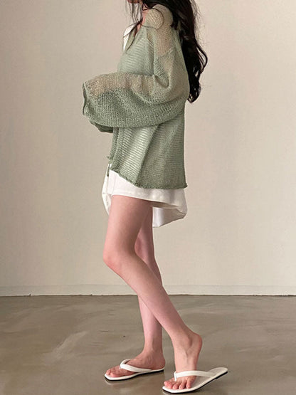 Green Vintage Oversized Long Sleeve Crochet Knit Top