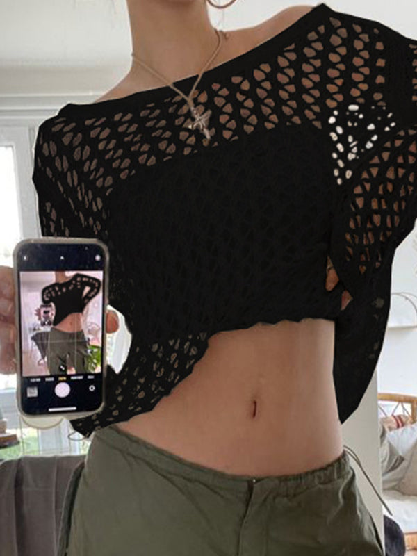 Schwarzes Sexy Hohl Crochet Top mit Langen Ärmeln