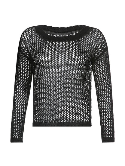 Black Hollow Out Crochet Long Sleeve Knit Top