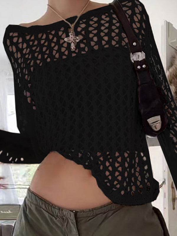 Schwarzes Sexy Hohl Crochet Top mit Langen Ärmeln