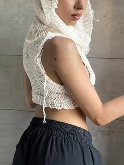 Top corto de punto de crochet estilo punk con capucha