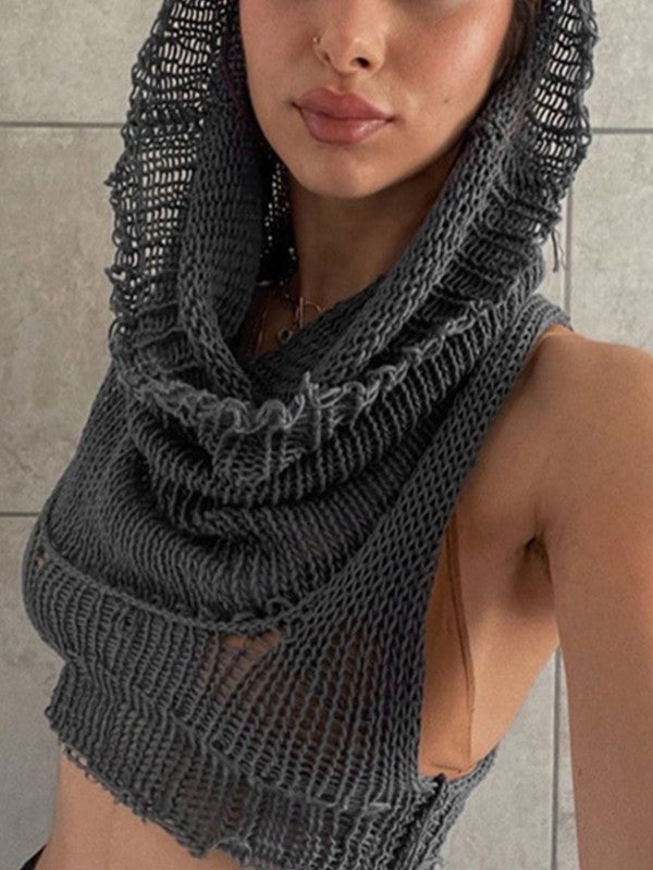 Top corto de punto de crochet estilo punk con capucha