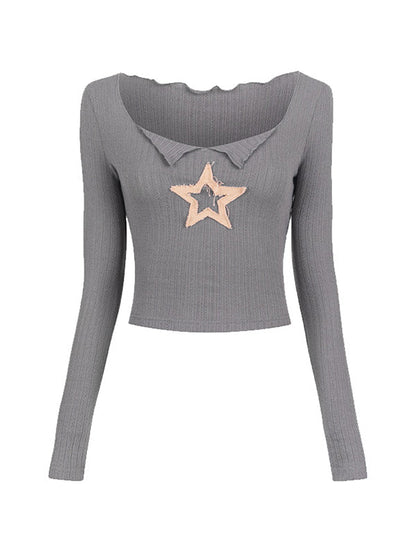 Grey Y2K Star Patch Long Sleeve Knit Crop Top