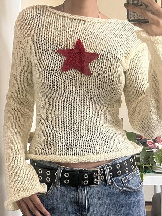 Top corto de punto vintage blanco de crochet con parche de estrella