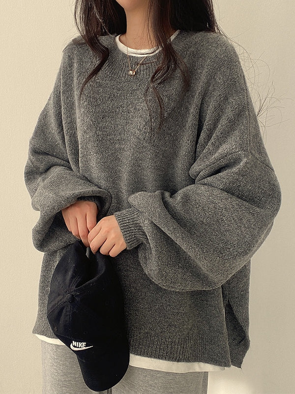 Vintage Solid Color Oversized Sweater with Split Hem