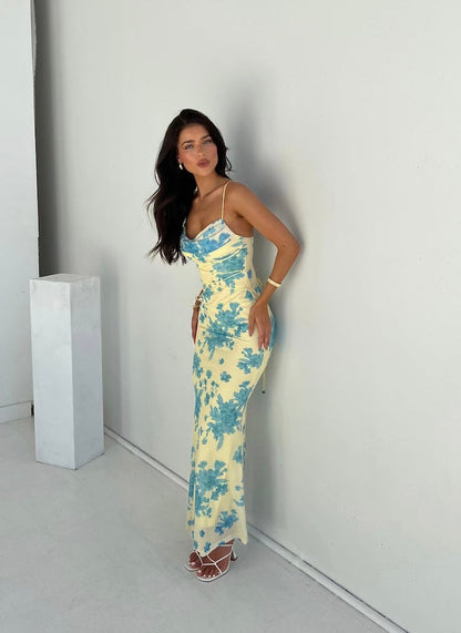 Lemon Yellow Floral Print Maxi Dress with Side Slit for Women - Marina