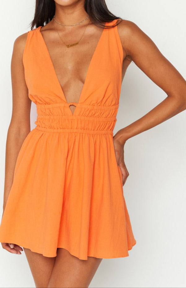 Serenella Crinkle Orange Mini Dress