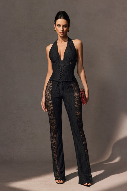 Black Lace Bodysuit with Flared Pants for Women - Milena