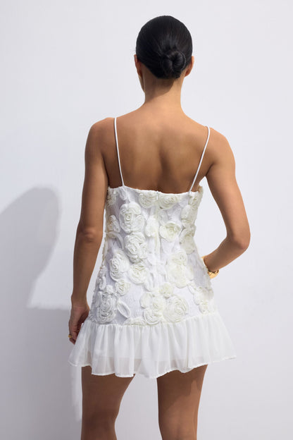 White Floral Mini Dress with Ruffled Hem for Women - Linda