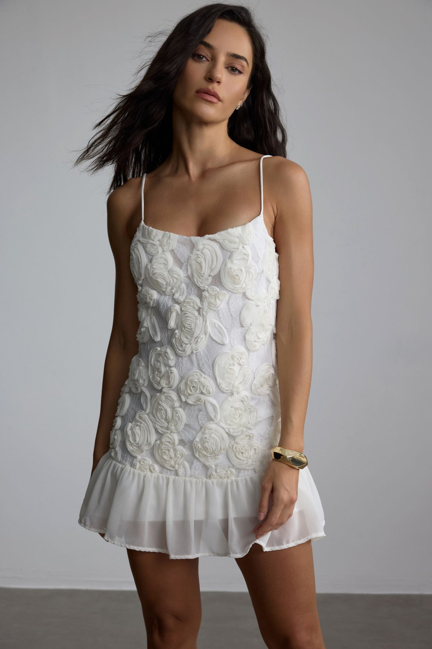 White Floral Mini Dress with Ruffled Hem for Women - Linda