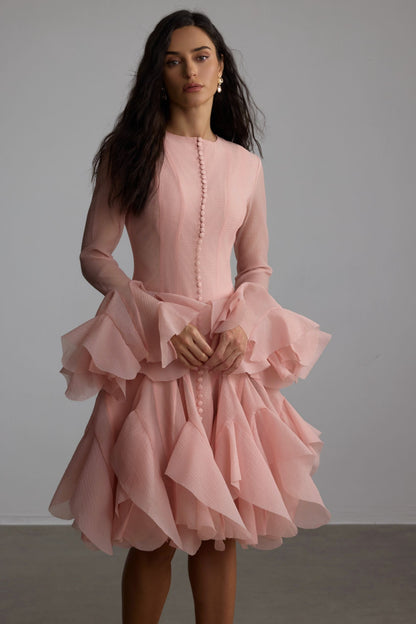 Blush Pink Ruffled Mini Dress with Button Detail for Women - Alessia