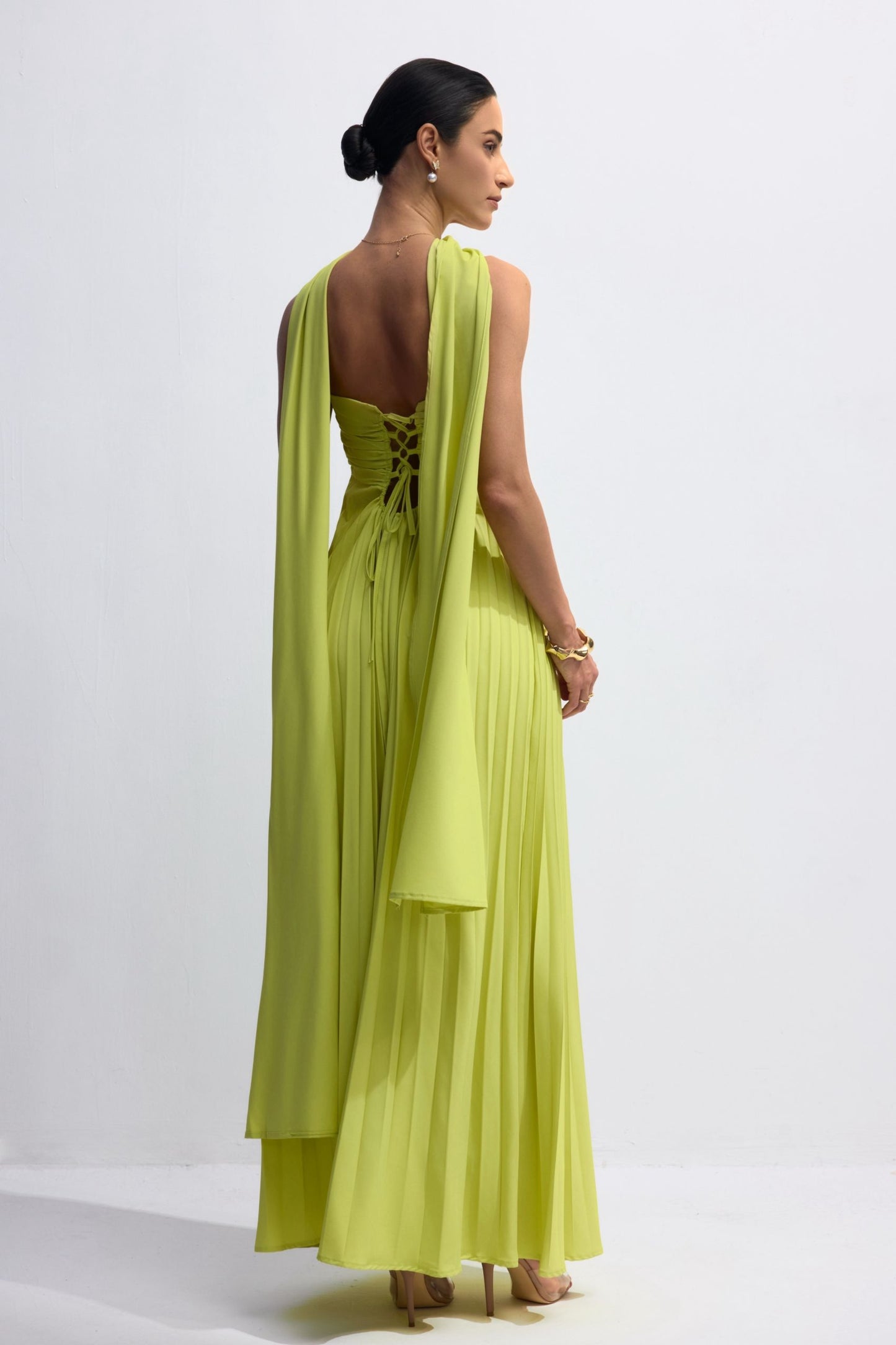 Lime Green Pleated Maxi Dress with Halter Neck for Women - Sabina