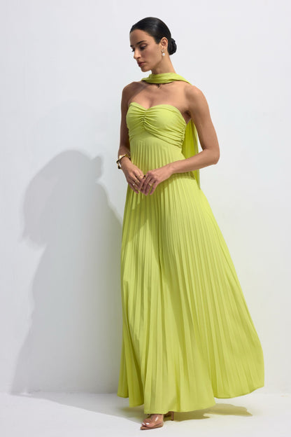 Lime Green Pleated Maxi Dress with Halter Neck for Women - Sabina