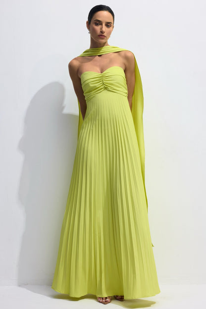 Lime Green Pleated Maxi Dress with Halter Neck for Women - Sabina