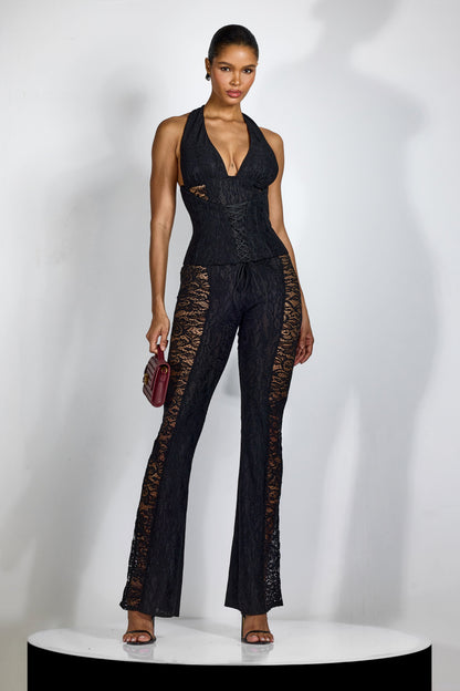 Black Lace Bodysuit with Flared Pants for Women - Milena