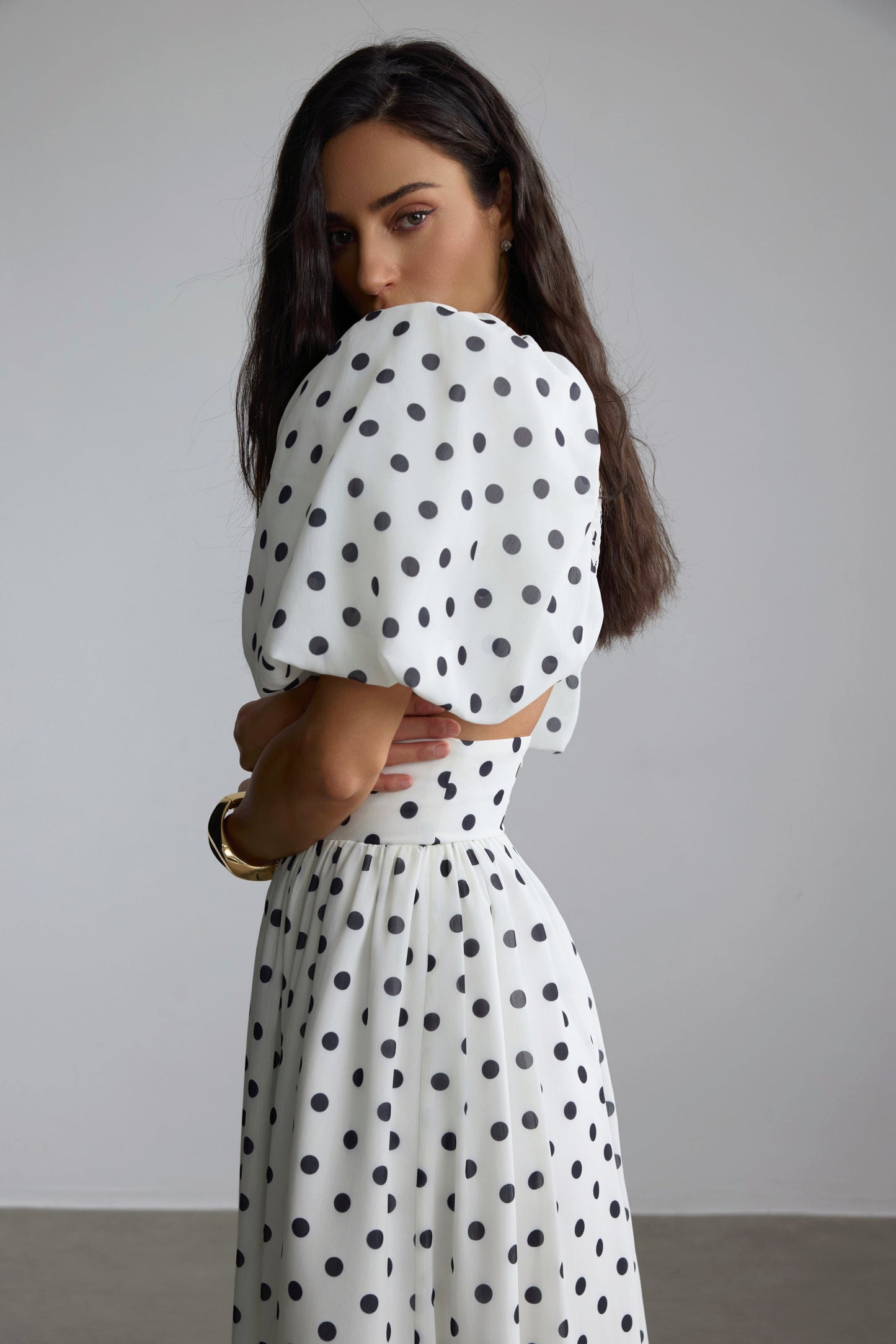 White Polka Dot Maxi Dress with Side Slit for Women - Lelia