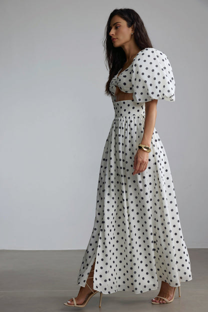 White Polka Dot Maxi Dress with Side Slit for Women - Lelia