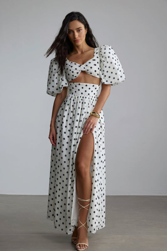 White Polka Dot Maxi Dress with Side Slit for Women - Lelia