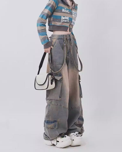 Gray Mud Like Washed Suspender Design Denim Jeans