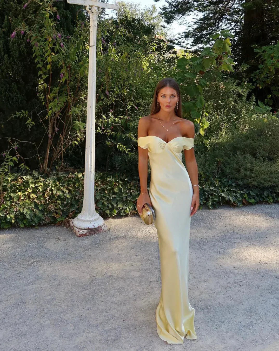 Golden Satin Maxi Dress with Off-Shoulder Design for Women - Lina