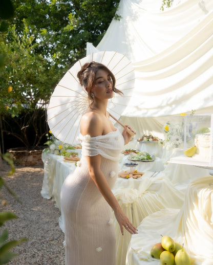 Ivory Off Shoulder Maxi Dress with Floral Detail for Women - Eliana