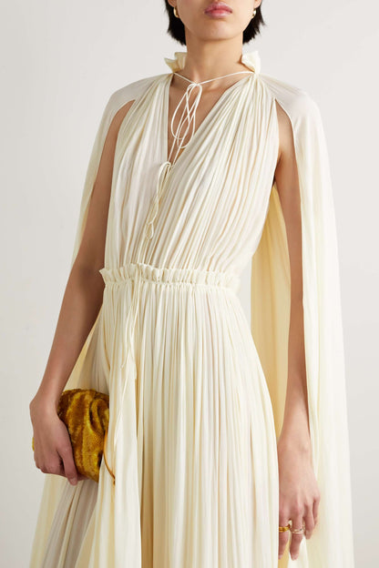 Cream Ruffle Hem Midi Dress with Long Cape Sleeves for Women - Romina