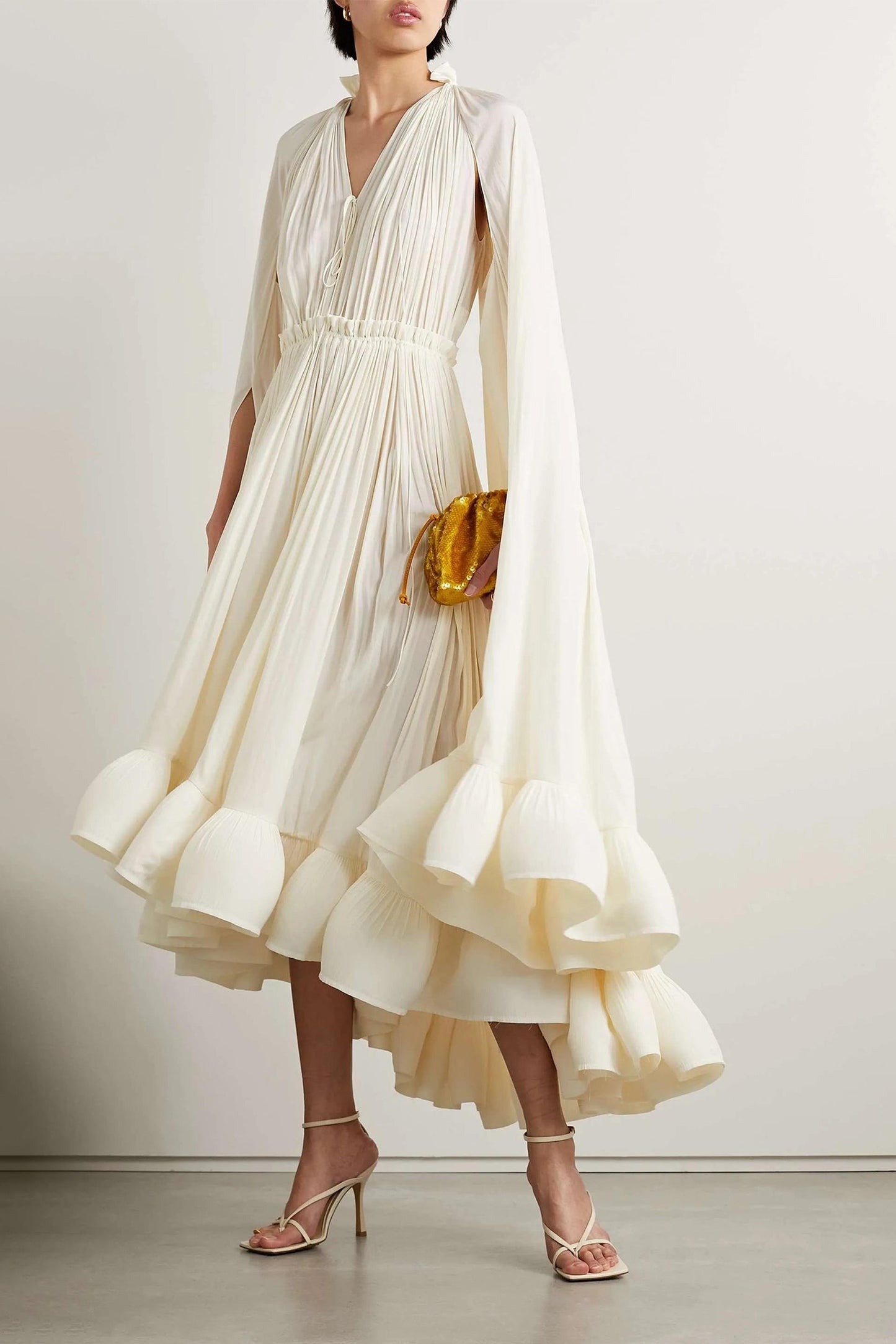 Cream Ruffle Hem Midi Dress with Long Cape Sleeves for Women - Romina