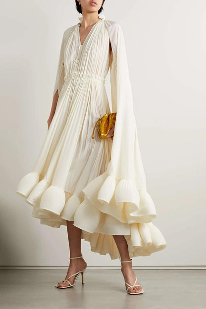 Cream Ruffle Hem Midi Dress with Long Cape Sleeves for Women - Romina