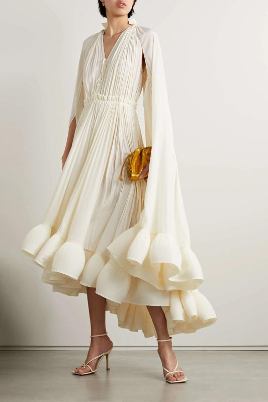 Cream Ruffle Hem Midi Dress with Long Cape Sleeves for Women - Romina
