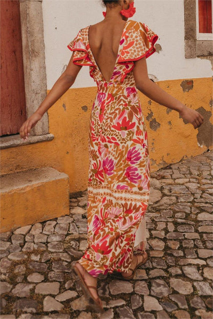 Multicolor Floral Print V-Neck Jumpsuit with Short Sleeves for Women - Gaia