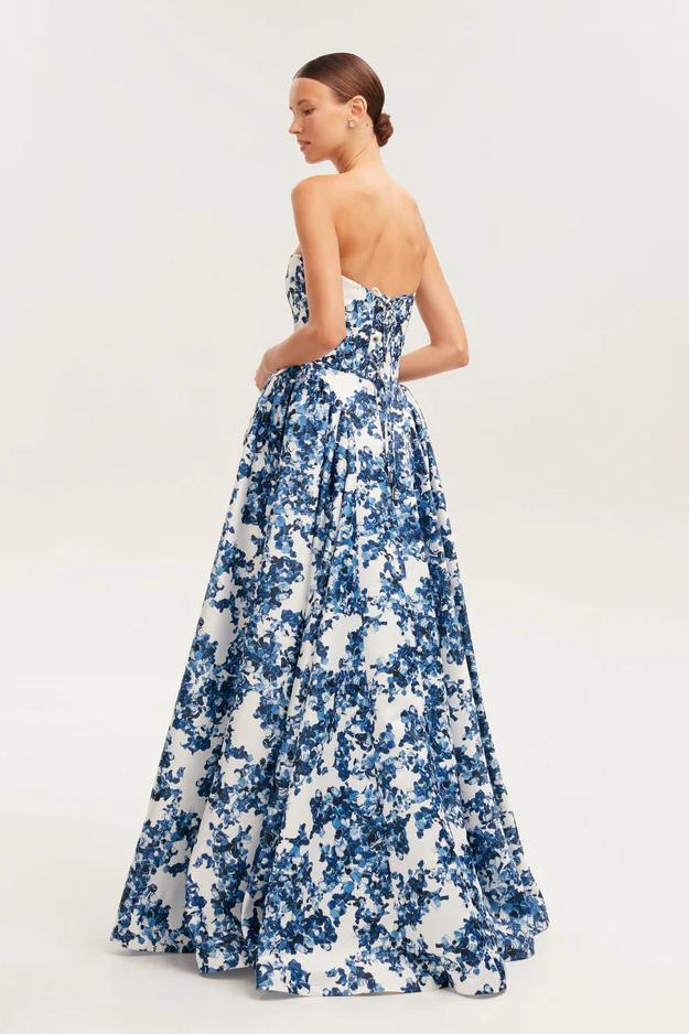 Blue White Floral Strapless Maxi Dress with Pockets for Women - Stefania