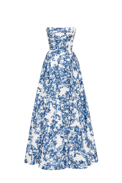 Blue White Floral Strapless Maxi Dress with Pockets for Women - Stefania