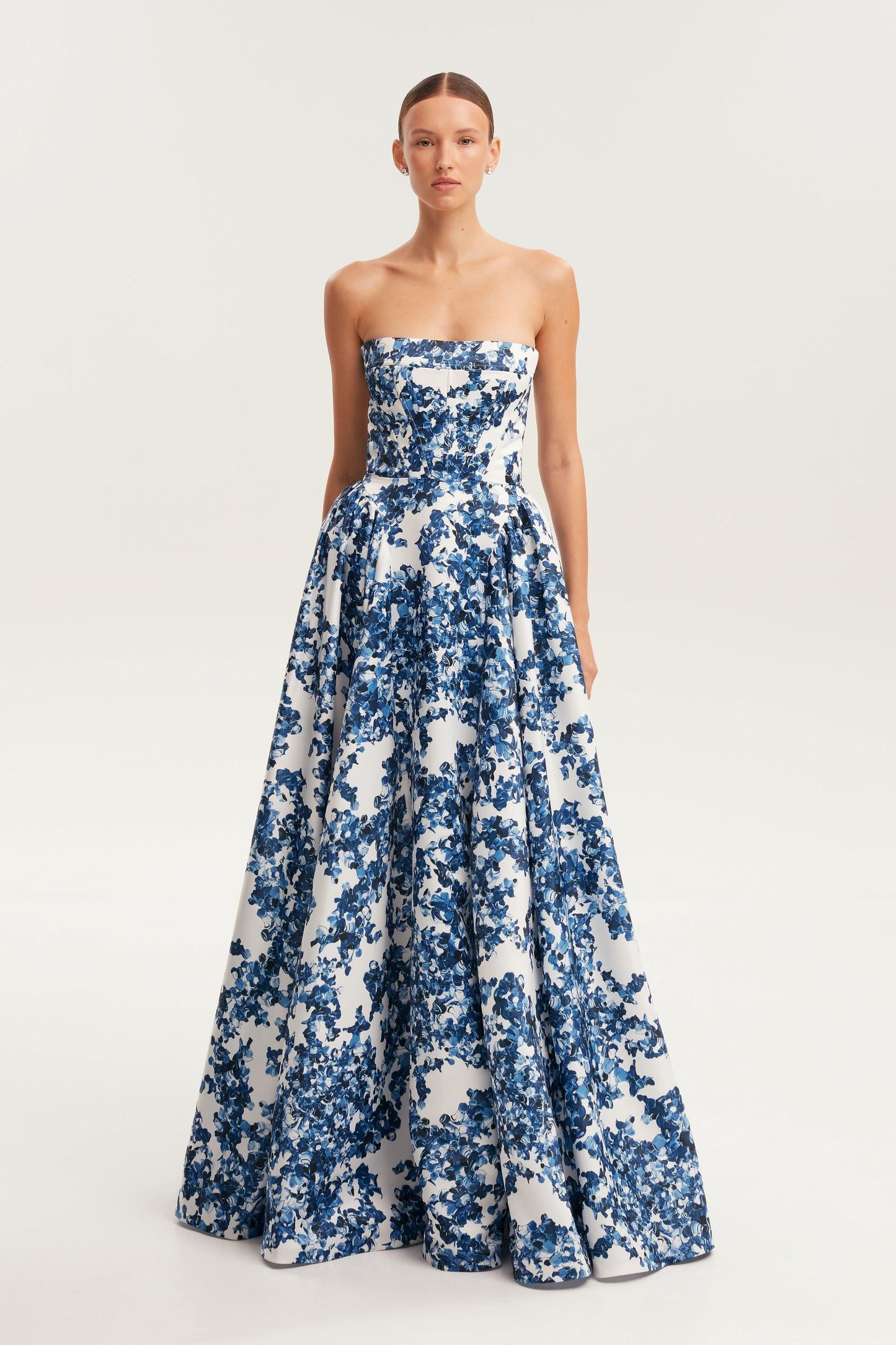 Blue White Floral Strapless Maxi Dress with Pockets for Women - Stefania