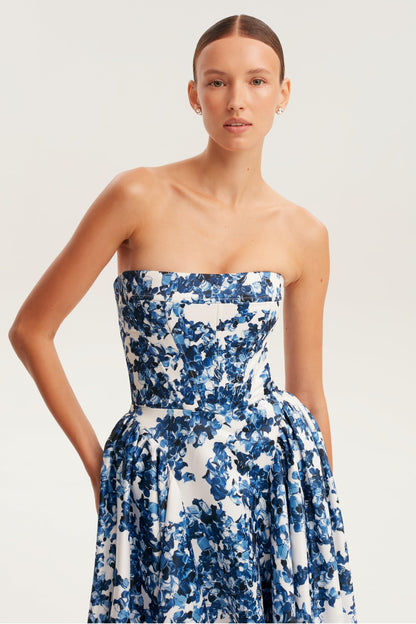 Blue White Floral Strapless Maxi Dress with Pockets for Women - Stefania