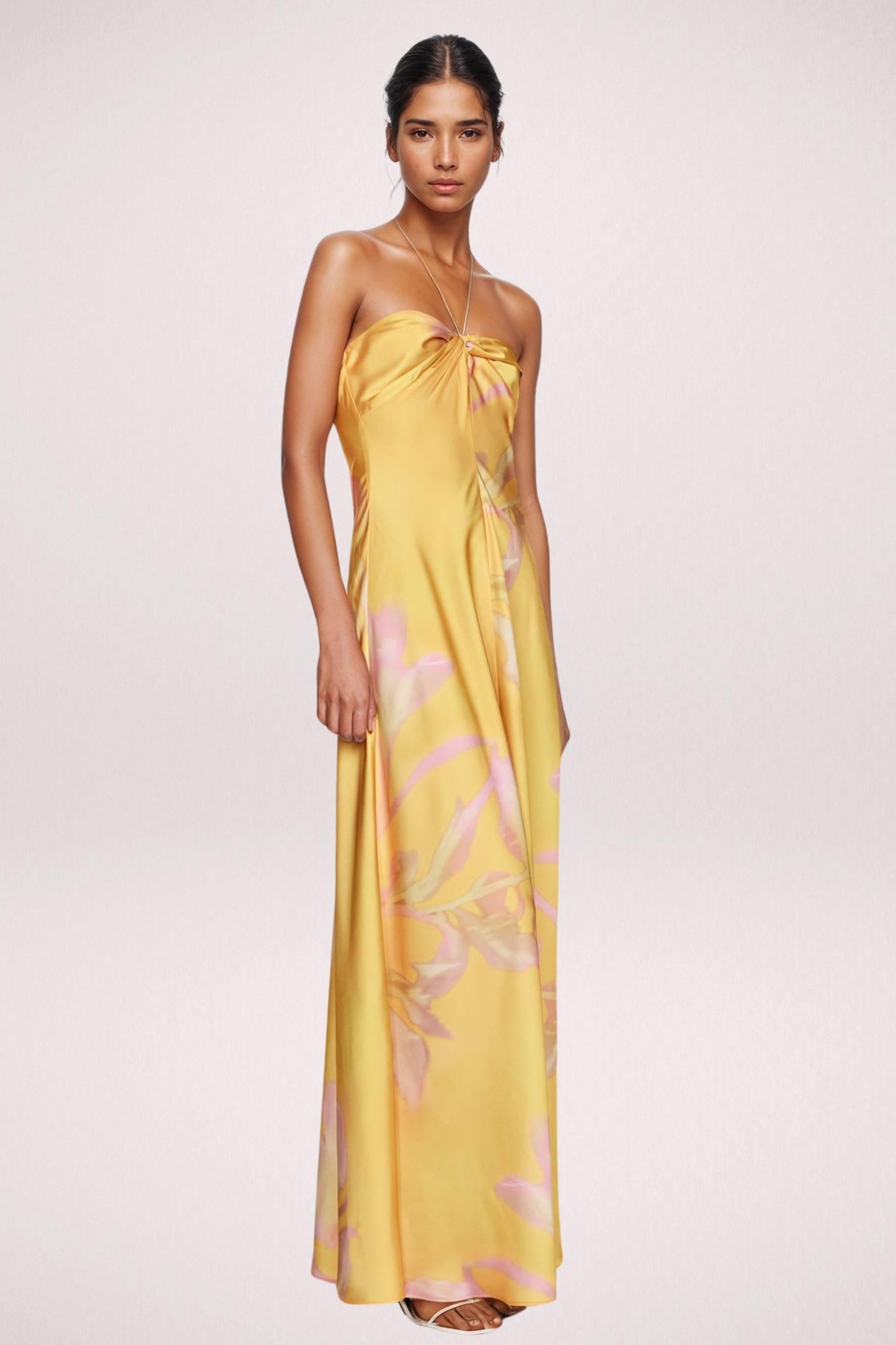 Yellow Floral Satin Maxi Dress with Halter Neck for Women - Maddalena