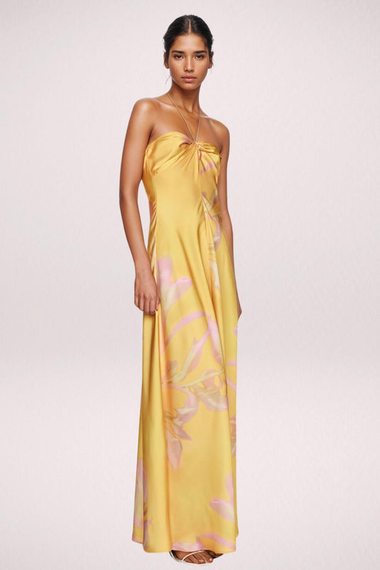Yellow Floral Satin Maxi Dress with Halter Neck for Women - Maddalena