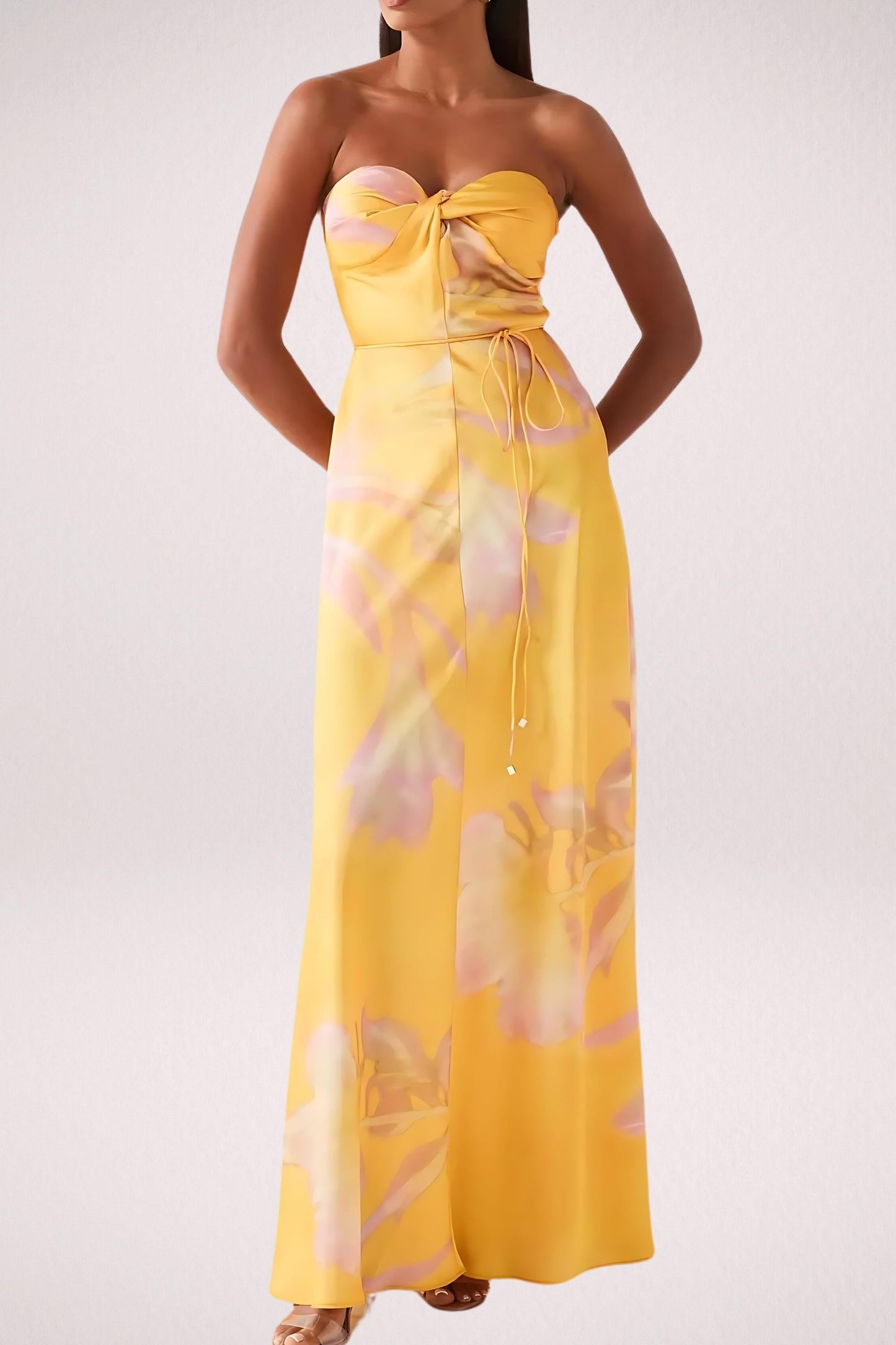 Yellow Floral Satin Maxi Dress with Halter Neck for Women - Maddalena